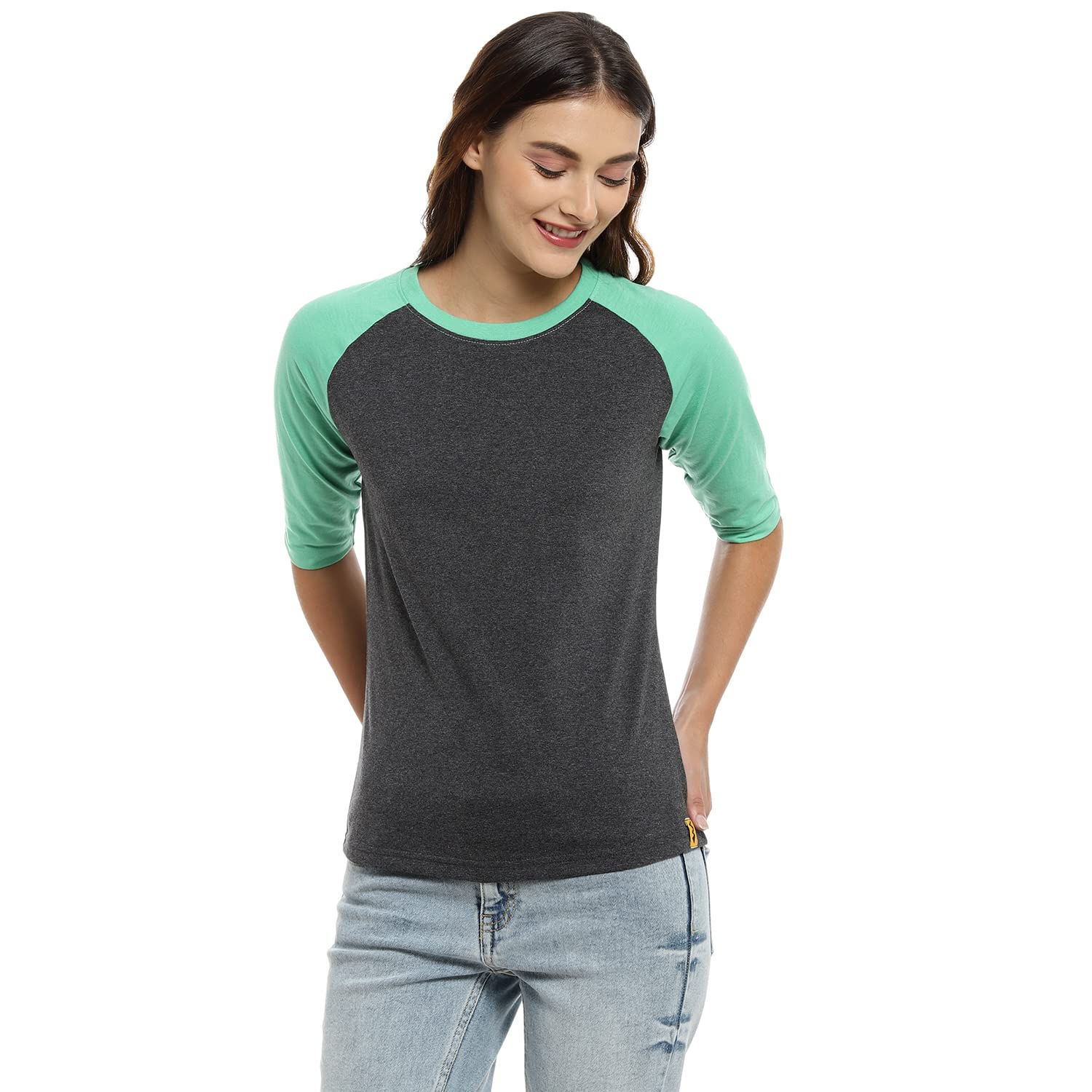 Campus Sutra Womens Mint Green & Charcoal Grey Raglan-Sleeved Top for Casual Wear | Round Neck | Quarter Sleeve | Pull On Closu