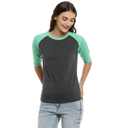 Campus Sutra Womens Mint Green & Charcoal Grey Raglan-Sleeved Top for Casual Wear | Round Neck | Quarter Sleeve | Pull On Closu