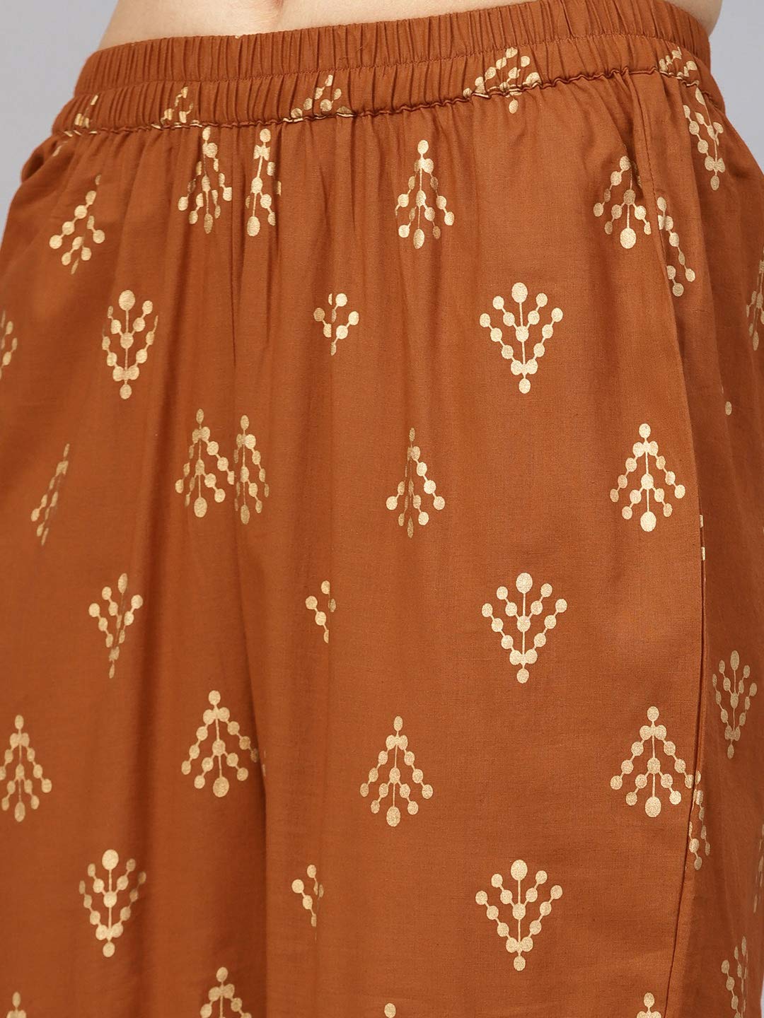 Idalia Womens Rust Gold Ethnic Kurta Set For Women Stylish Mandarin Collar Printed Cotton Kurta With Pant Set For Wedding & Fest