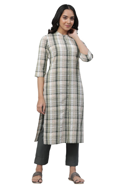 Aurelia Green Checked Cotton Regular Kurta for Women
