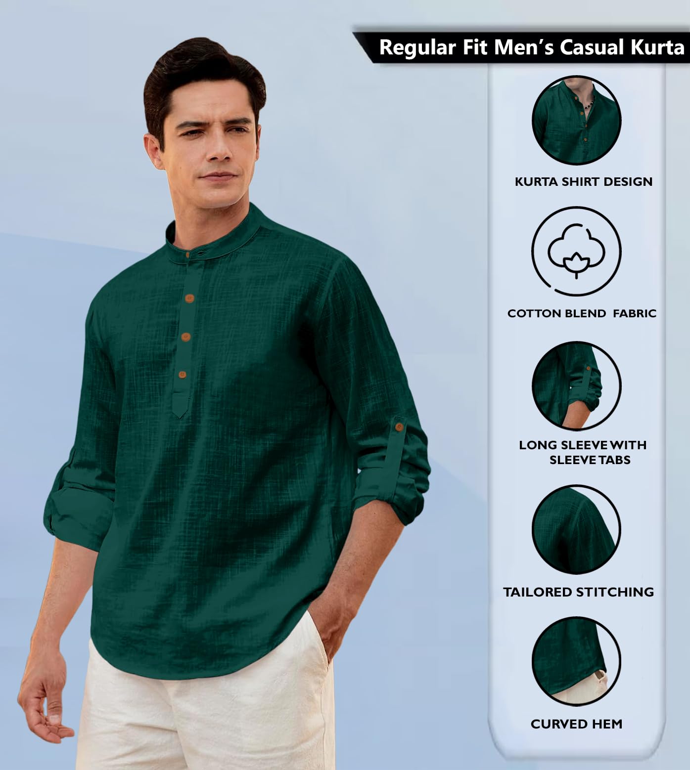 Zombom Mens Solid Cotton Blend Straight Kurta Shirt, Regular Fit Full Sleeve Short Kurta Shirt Green