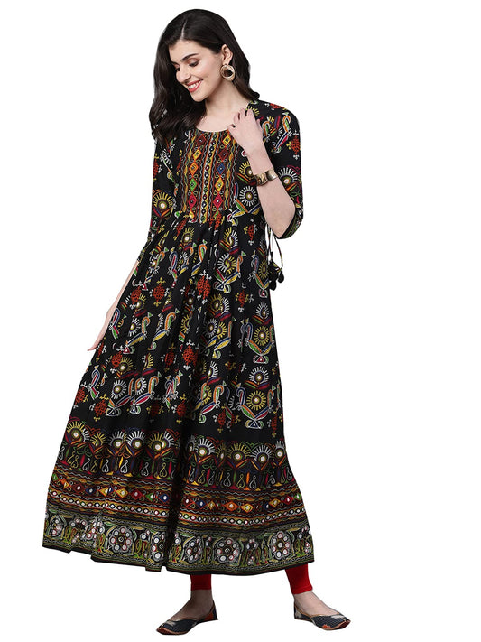 ishin Women's Cotton Anarkali Printed Mirror Work Ethnic Motifs Print Black Kurti