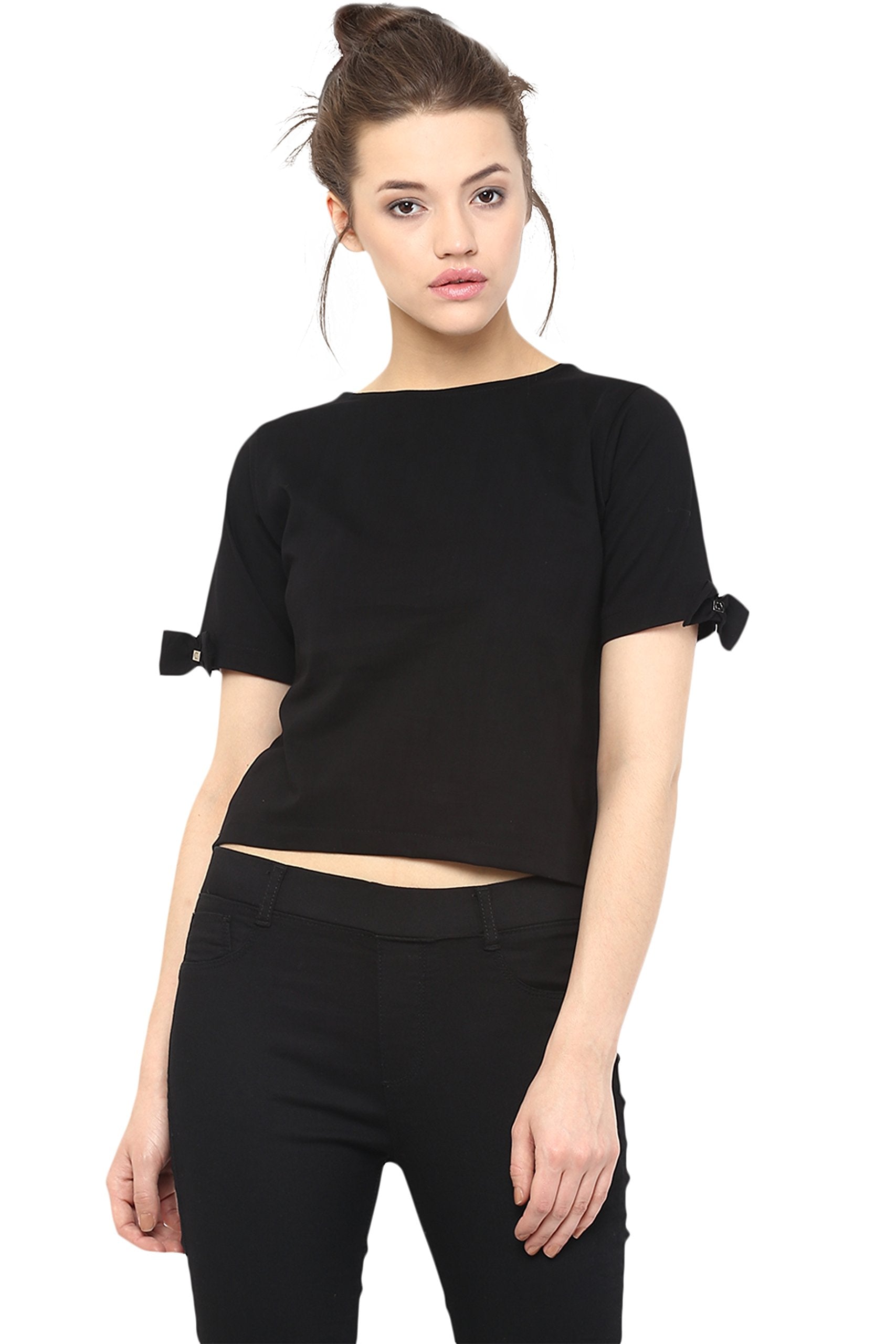 Miss Chase Womens Black Round Neck Half Sleeves Solid Basic Crop Top (MCSS16TP06-69-62-06, Black, X-Large)