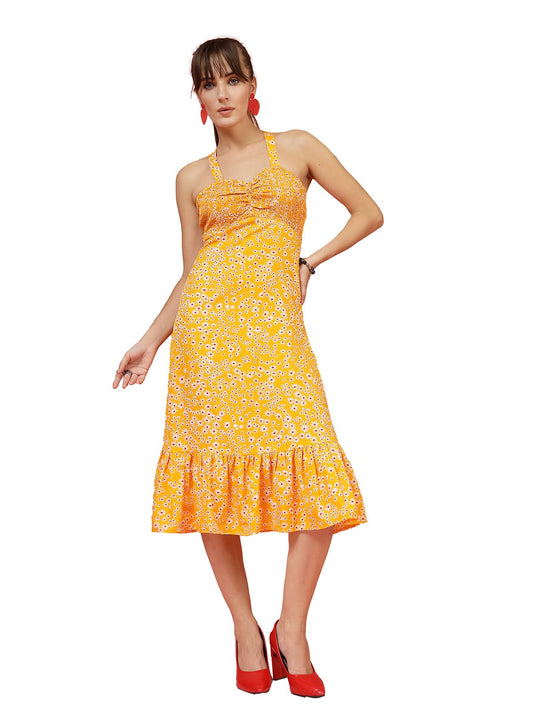Oomph! WomenS Western & Fusion Wear Printed Crepe Dress For Women, Smocked Bodice, Multicolor - Md1034