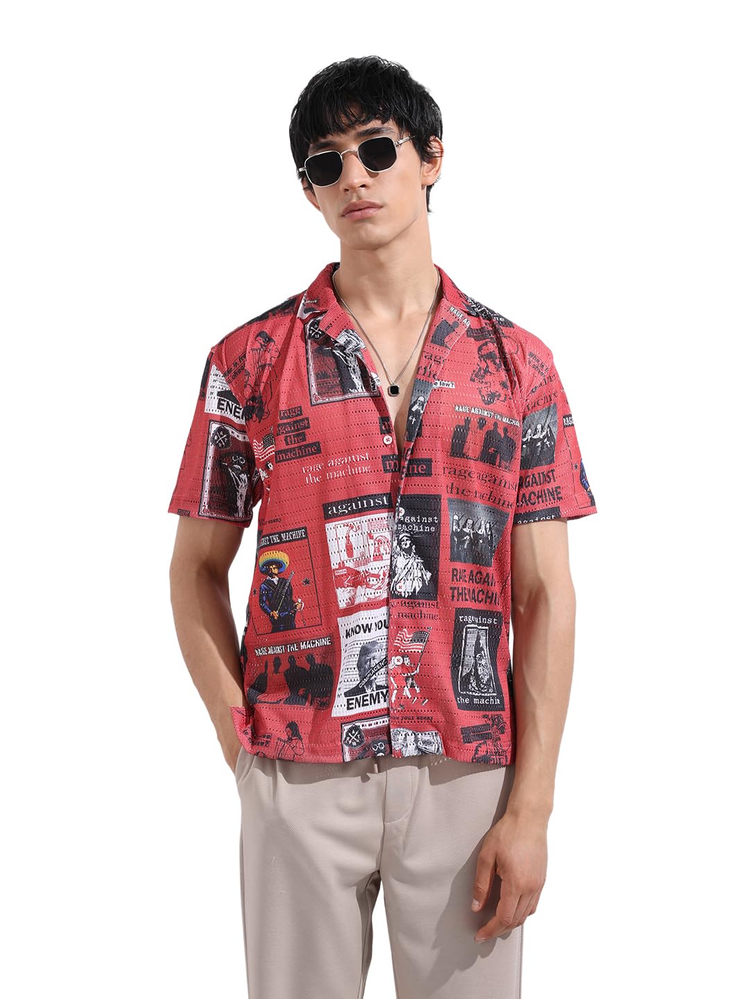 The Indian Garage Co Mens Relaxed Fit Printed Cuban Collar Half Sleeves Street Sweater