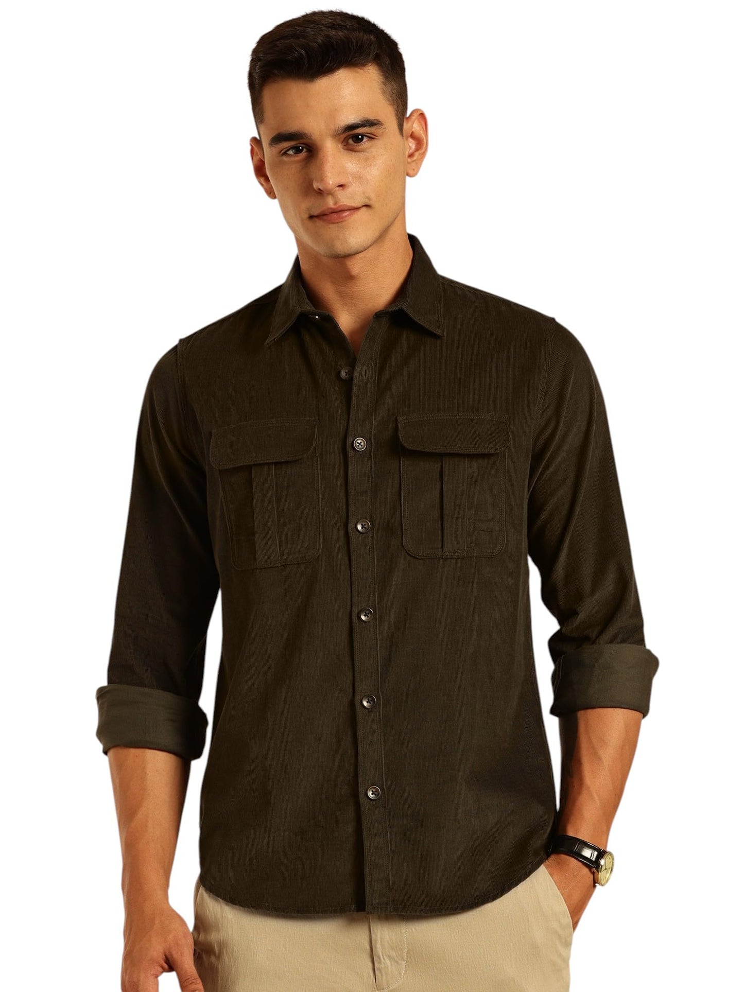 Thomas Scott Mens | Premium | Slim Fit | Long Sleeves | Spread Collar | Double Pocket | 100% Cotton | Corduroy | Casual | Shirt