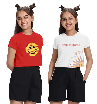 Kyda Kids 100% Cotton Crop Top For Girls - Printed Half Sleeve Stylish Tshirt, Regular Fit Tops For Girl - Pack Of 2