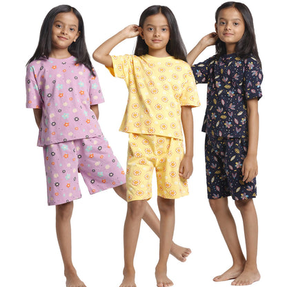T2F Girls Cotton Printed Oversized Fit T-Shirt and Shorts Clothing Set (Pack of 3)