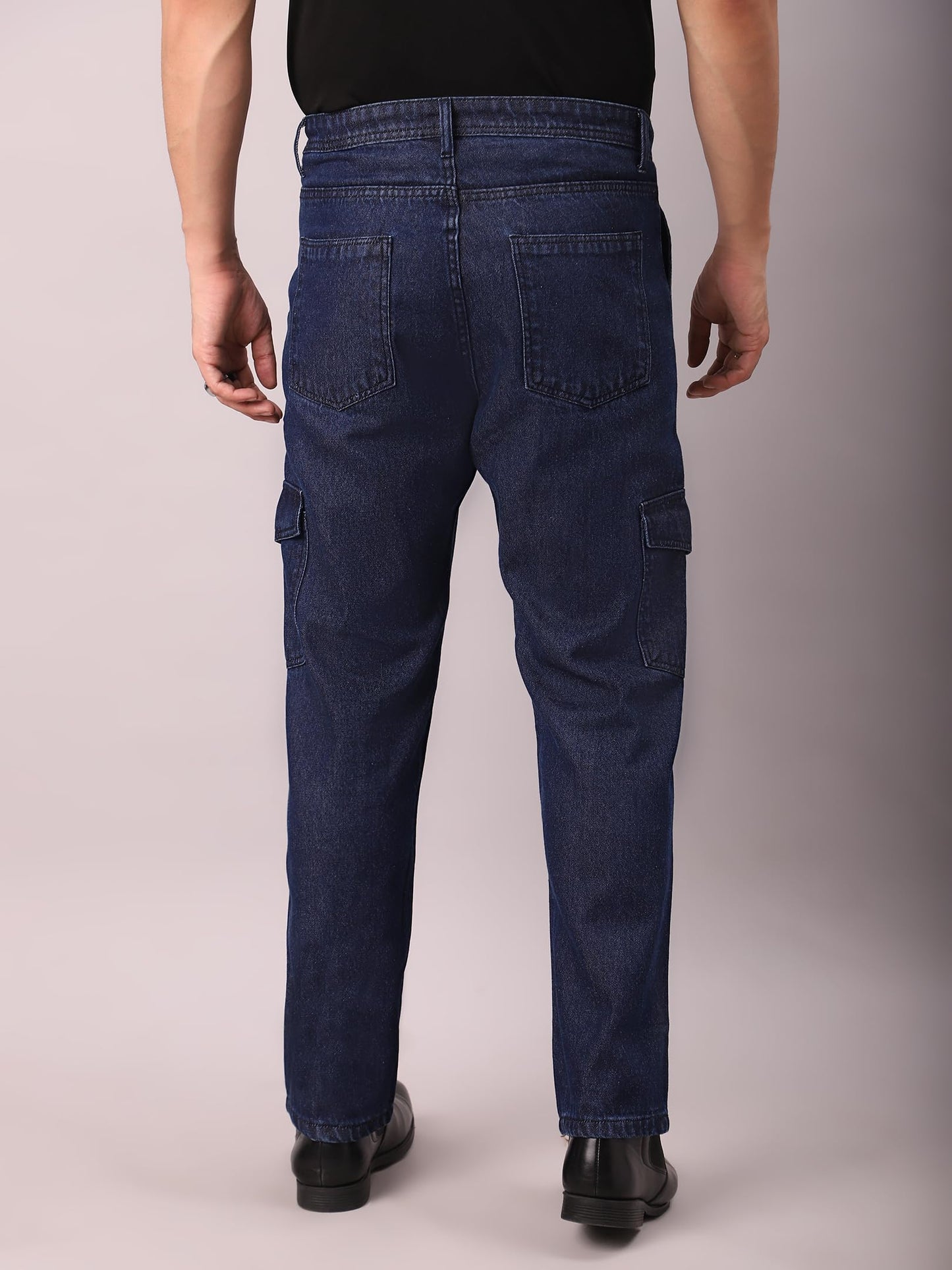 AVANOVA Dark Blue Bell-Bottom Men Cargo Jeans II Men Cargo Pants II Denim Cargo for Men II Cotton Pant II Wide Legs II Flap Pock