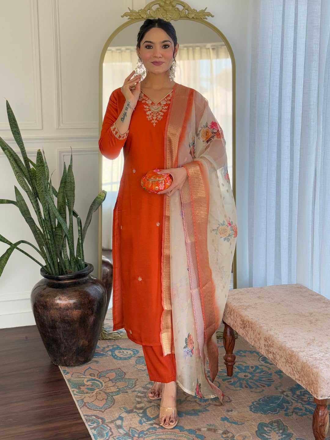 Naixa WomenS Rust Bsy Viscose Embroidered Straight Kurta With Bsy Viscose Pant And Organza Jacquard With Digital Print Dupatta
