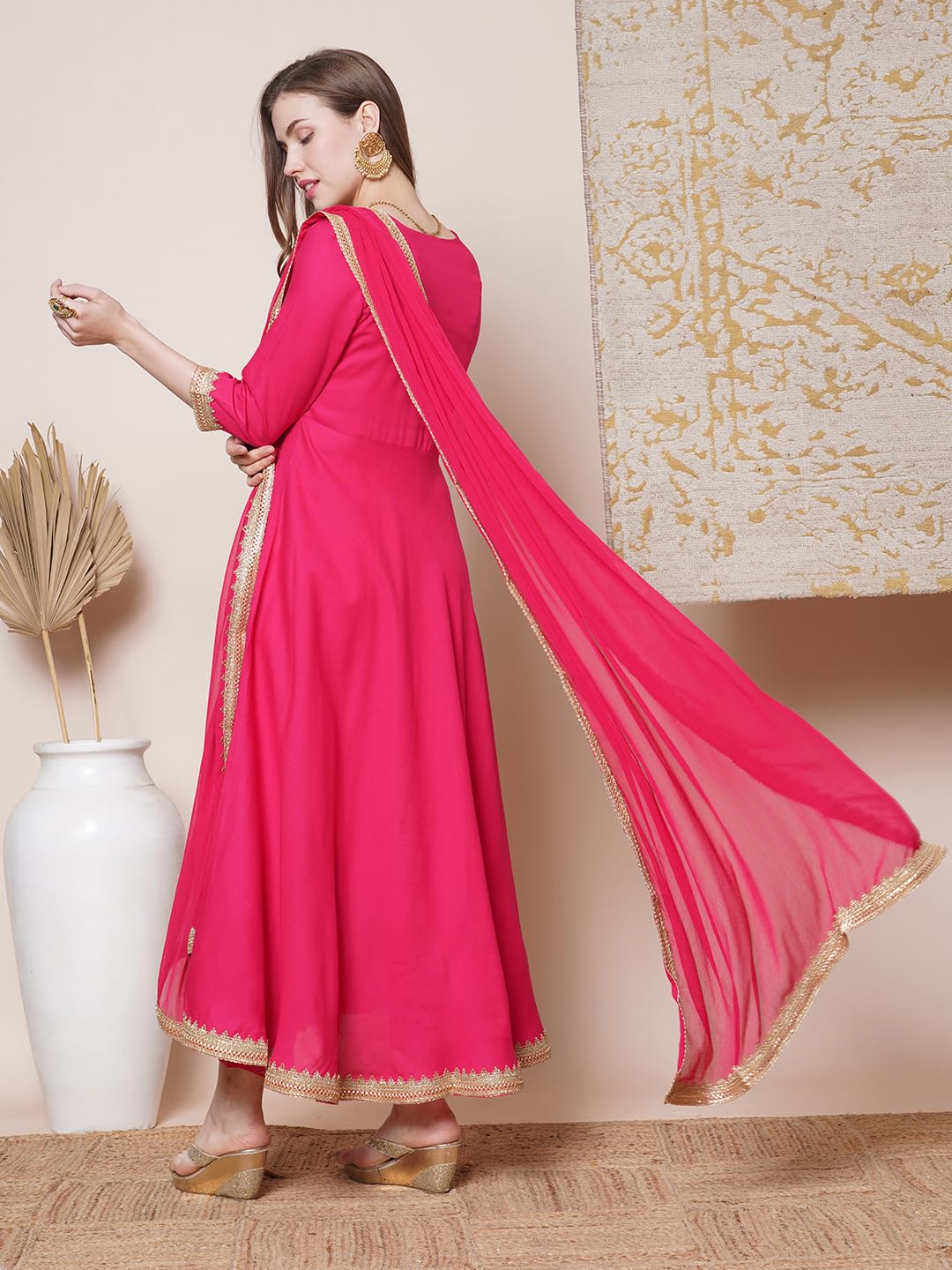 GoSriKi Anarkali Kurta Set for Women - Rayon Blend, Pink, Size 44, Model SHYAM-CLRS-GS with Trousers and Dupatta