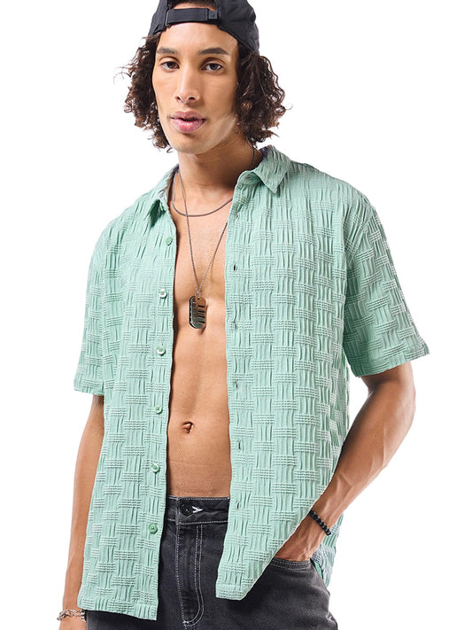 Bewakoof Mens Self Design Oversized Fit Half Sleeve Collared Neck Polyester Blend Shirt_630882_Green_XL