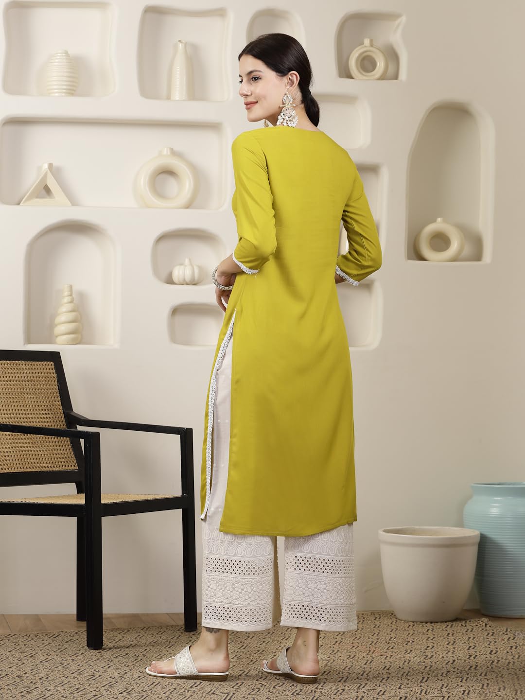 Stylum Women's Rayon Regular Fit Solid & Embroidered Straight Chicken Kurta (CORNERICA_)