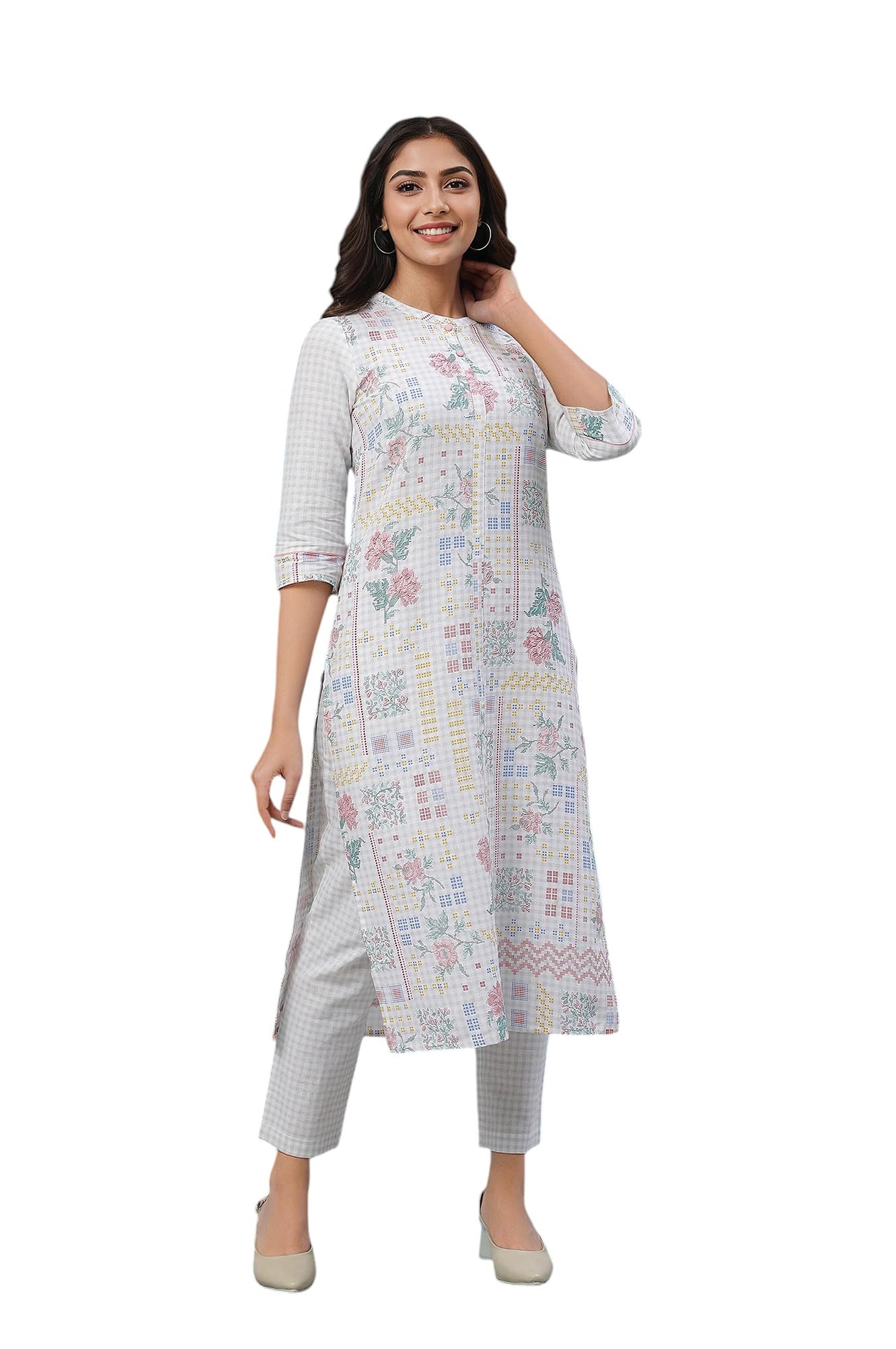 Aurelia Floral Printed White Cotton Blend Womens Kurta and Trousers Set