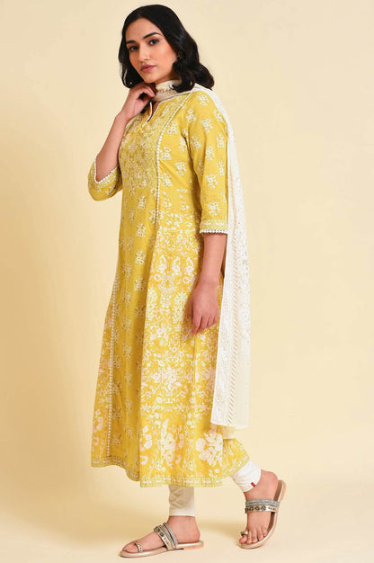 W for Woman Yellow Cotton Floral Printed Flared Kurta