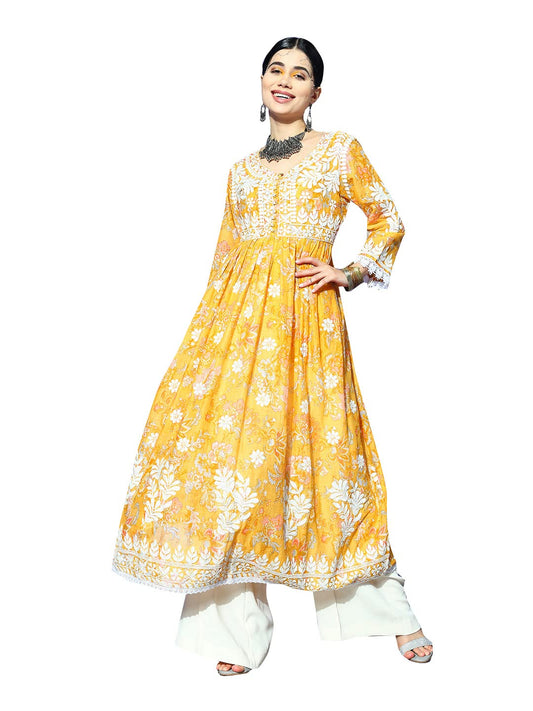 ishin Women Cotton Embroidered Pleated Anarkali Kurta