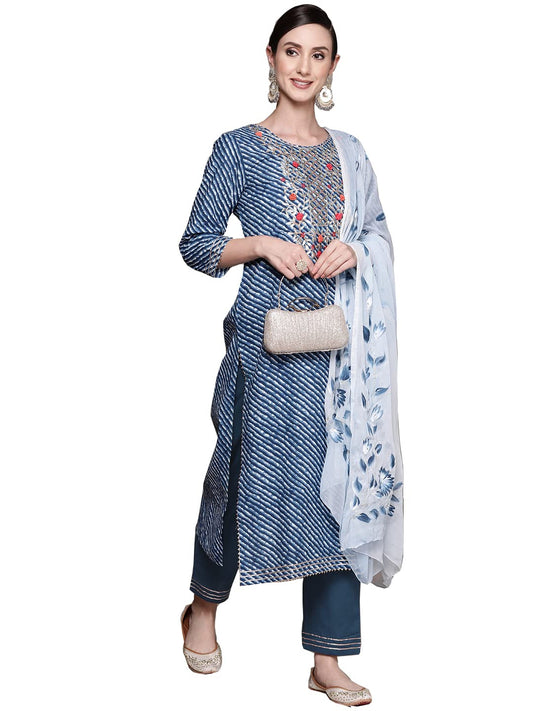 ishin Women's Cotton Blue Embroidered A-Line Kurta set with Trouser & Dupatta