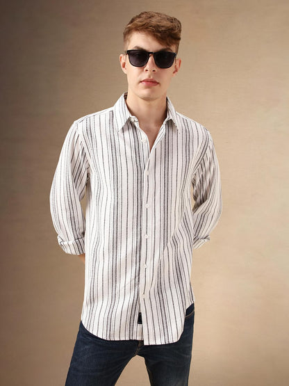 Dennis Lingo Men White 100% Cotton Full Sleeve Spread Collar Stripes Shirts