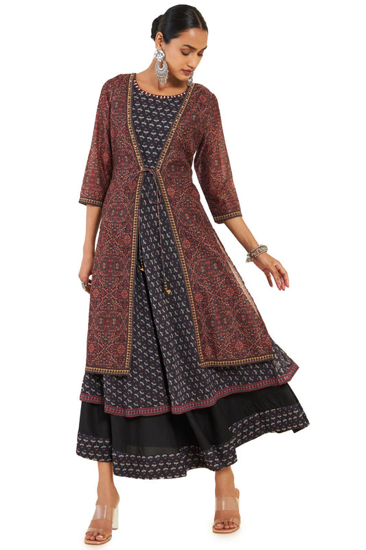 Soch Women Black Georgette Floral Dress Kurta