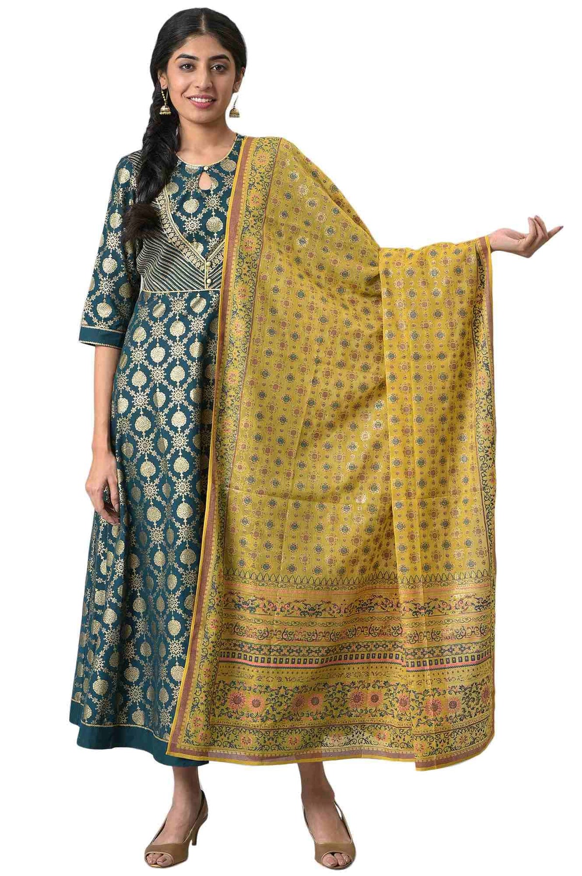 Yellow Placement Print Silver Chiffon Dupatta