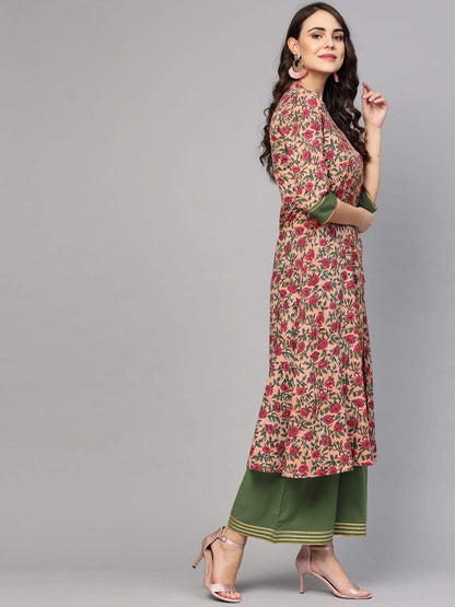idaLia Floral Print A-Line Kurta Set with Palazzo - Cotton A-Line Kurtas for Women, 3/4 Sleeve, Mandarin Collar, Calf Length
