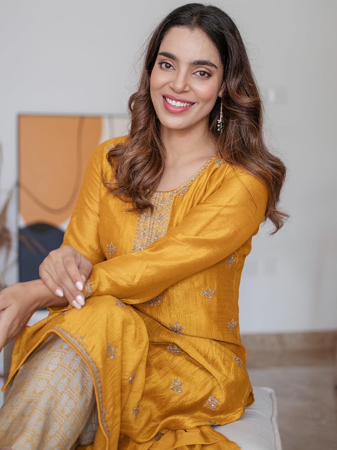Libas Womens Silk Embellished Straight Kurta (23491O_Yellow