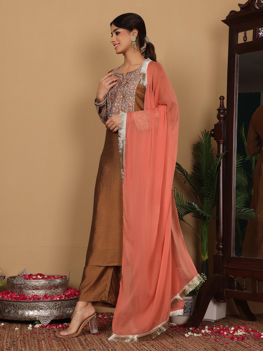 Varanga Women Mustard Zari Embroidered Kurta with Bottom and Dupatta