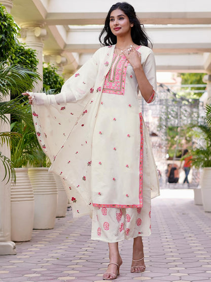 Libas Womens Yoke Design Cotton Straight Kurta With Palazzos And Dupatta
