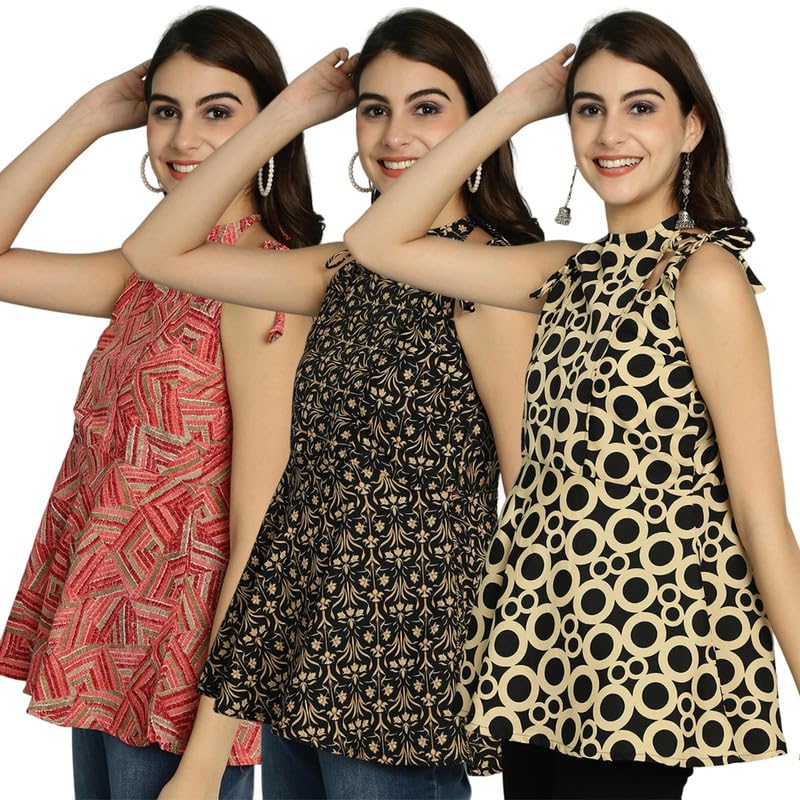 Pinkmint Women Combo Tunic Top for Women ll Fancy Crape Girls Tops ll Regular Fit Casual top (Pack of 3)