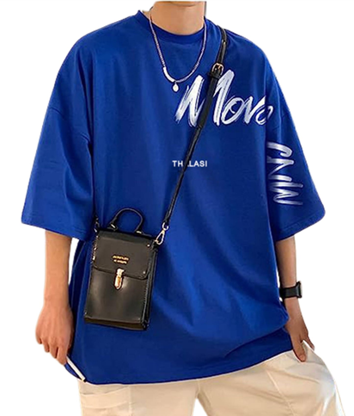 Thalasi Aesthetic Korean Style Blue Oversized T Shirts For Men - Baggy Fit T-Shirts With Down Shoulder And Half Sleeves & Brande