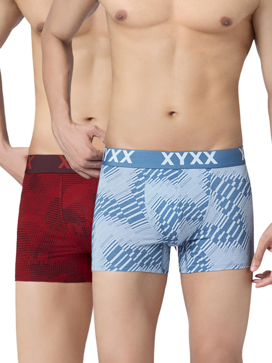 XYXX Mens Blend Geometric (Pack of 2) Cotton Modal Matrix Trunk_2_Cascade Blue+Code Red