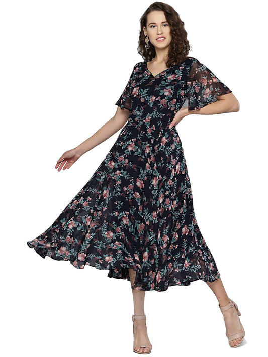 Rare Women'S Georgette Fit And Flare Midi Casual Dress (Ep6006_Navy Blue_Small)
