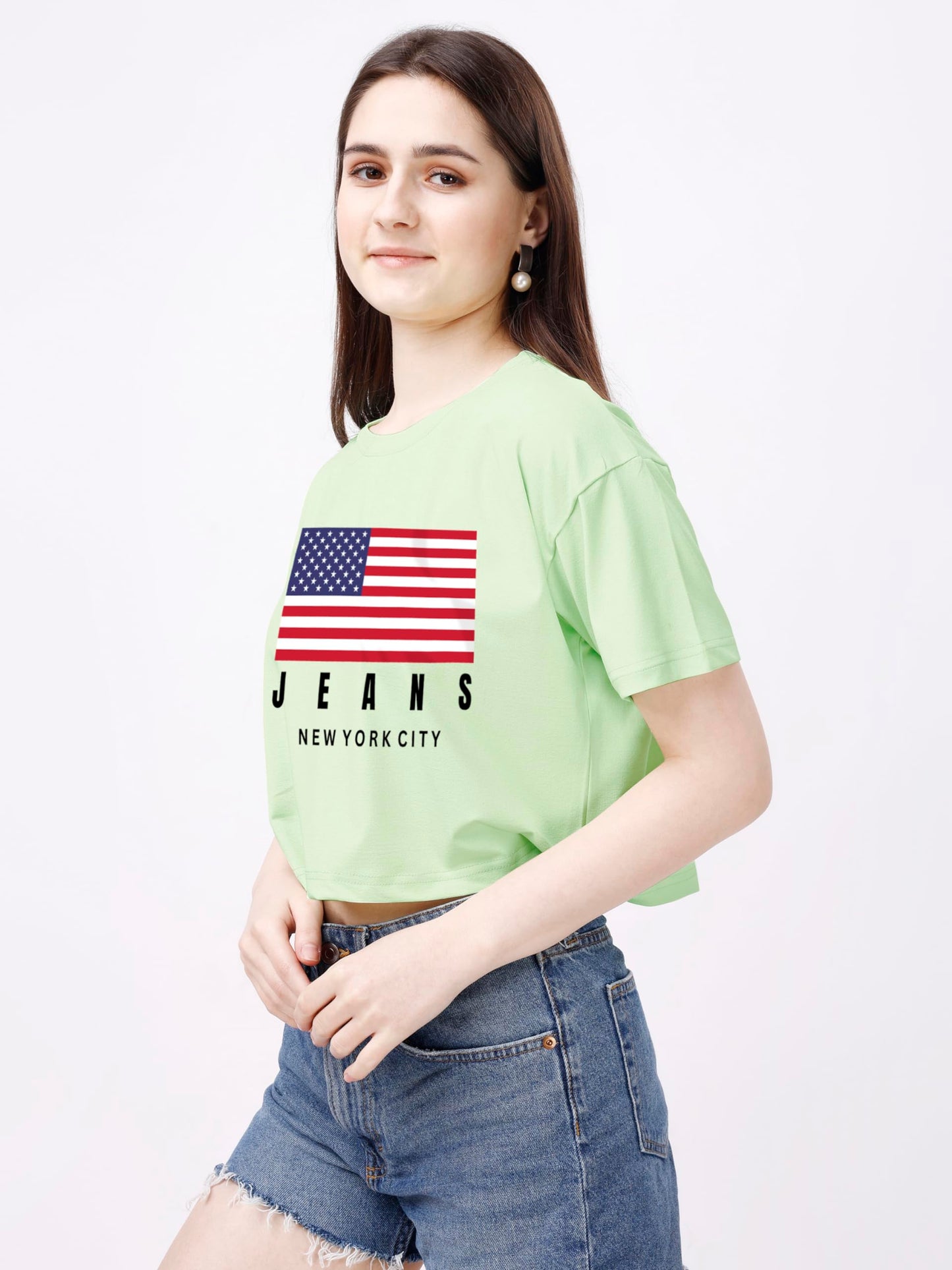 ELLITI Soft Rich Cotton Cyan/See Green Half Sleeve | Round Neck | Oversized/Loose Fit | Down Solder | US Flage Print Crop Top fo