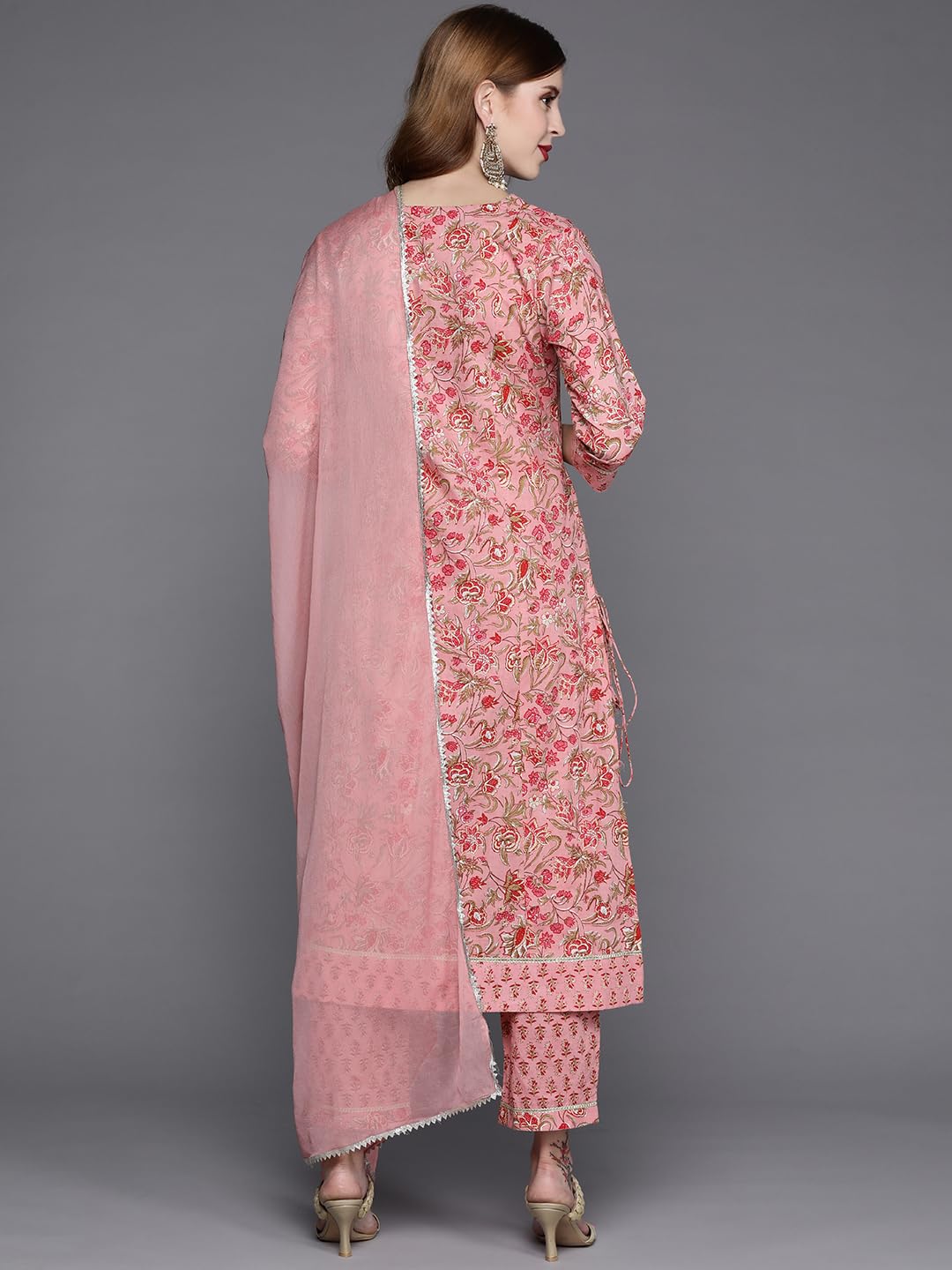 Varanga Women Floral Printed Embroidered Kurta With Straight Pant And Chiffon Dupatta Pink