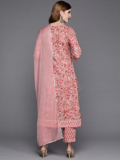 Varanga Women Floral Printed Embroidered Kurta With Straight Pant And Chiffon Dupatta Pink