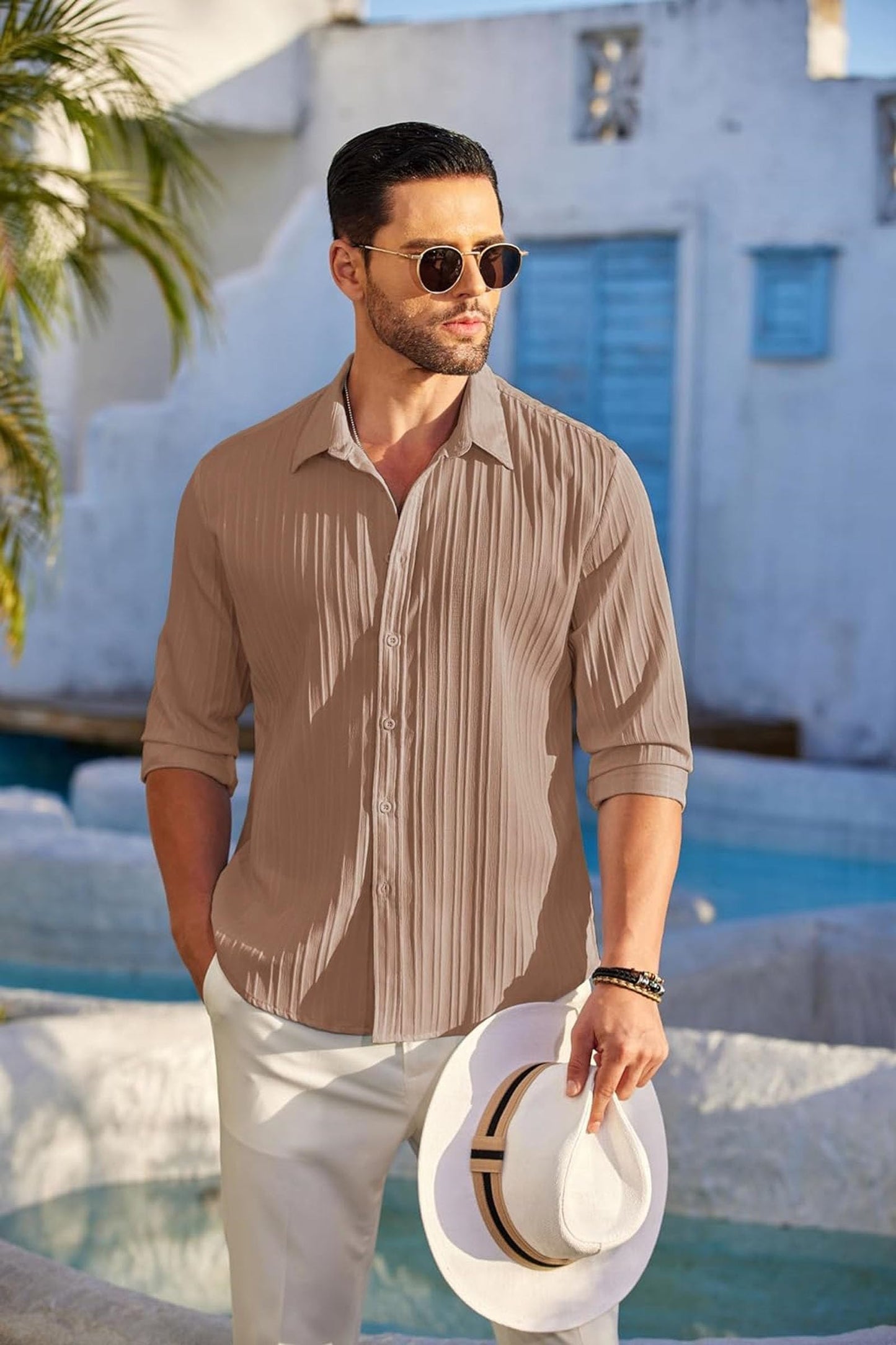 Deelmo MenS Button Down Dress Shirts Textured Long Sleeve Casual Hawaiian Beach Shirt
