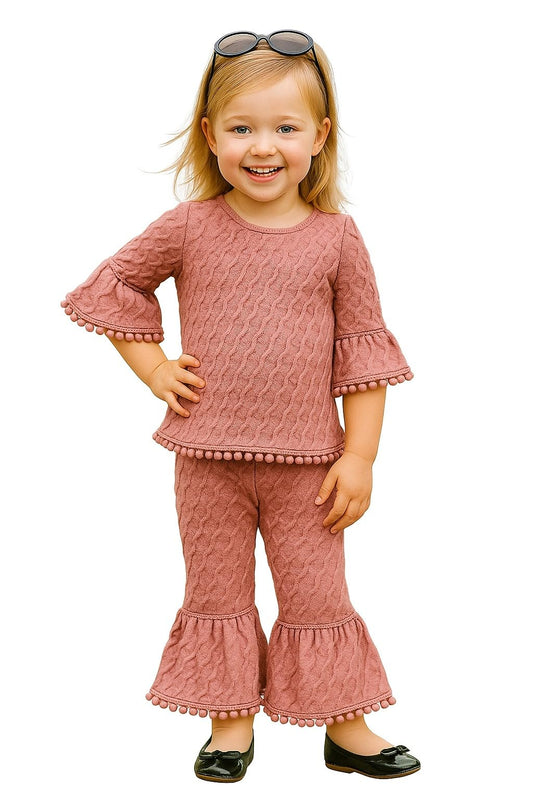 A.T.U.N. (ALL THINGS UBER NICE) Girls Textured Knit Ruffle Sleeve Peplum Top and Bell Bottom Pants Set with Pom-Pom Trim