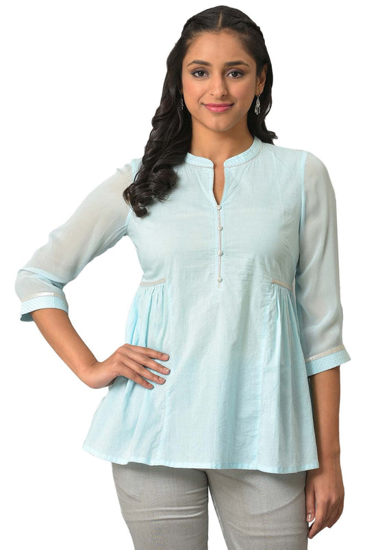 Aurelia WomenS Solid Loose Blue Cotton Gathered Short Kurti (23Fea30339-605335