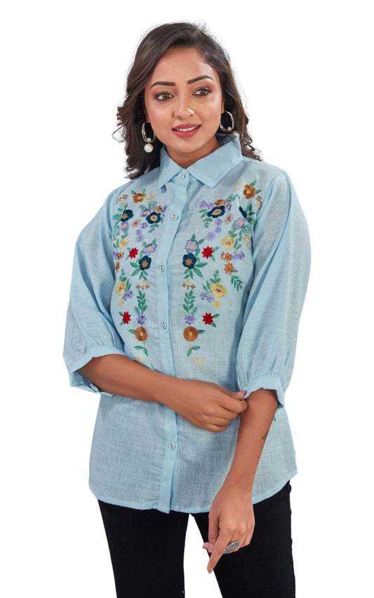 Kesudi WomenS Linen Floral Embroidered Tunic Top With Spread Collared Full Sleeves Short Length And Button Closure | An-Rose-Sk