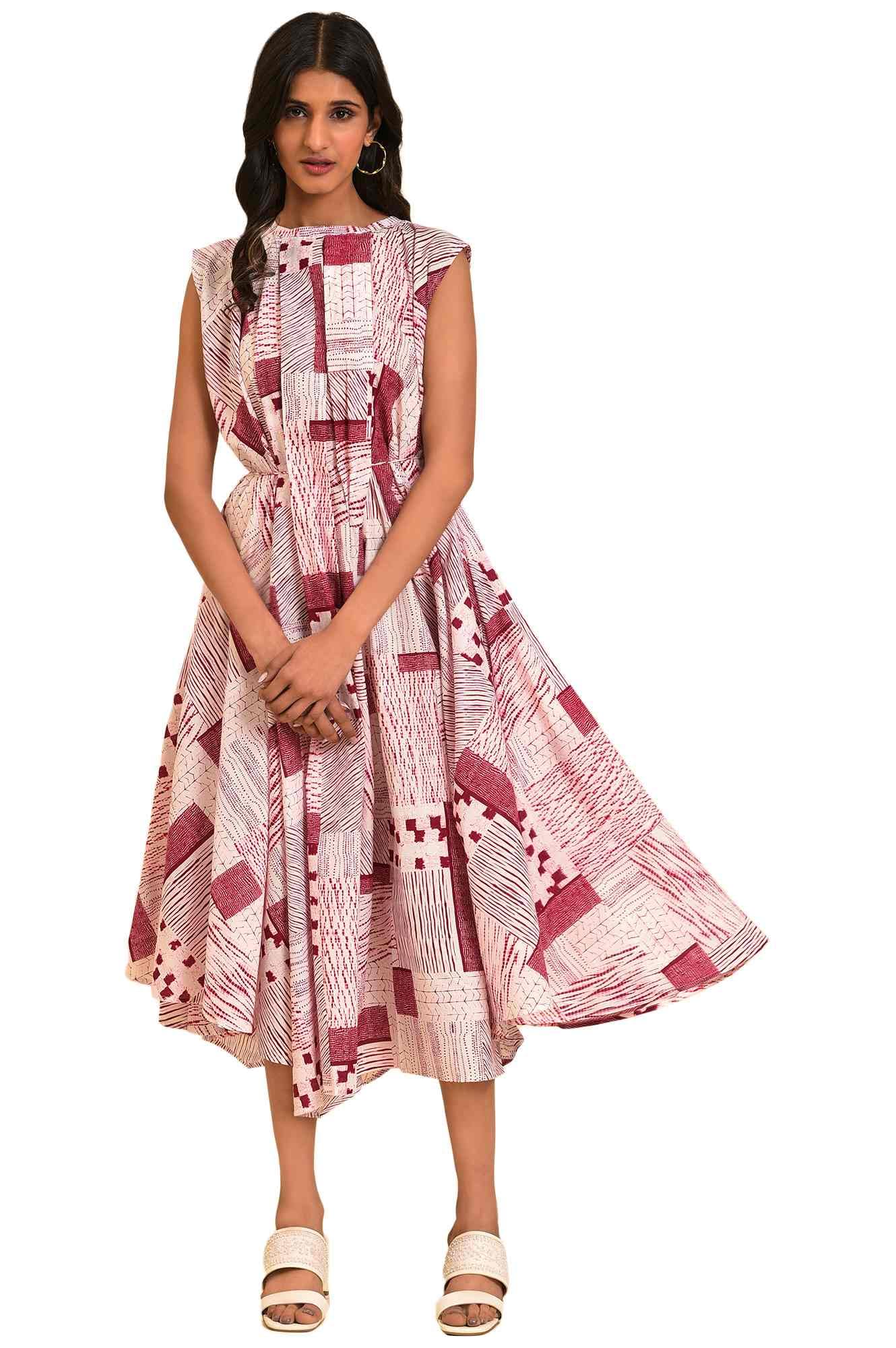 W For Woman WomenS Cotton Red Abstract Printed Flared Vacay Dress Ankle Length 23Few18769-120826 Bud