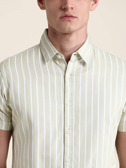 Dennis Lingo MenS Beige Striped Slim Fit Casual Shirt