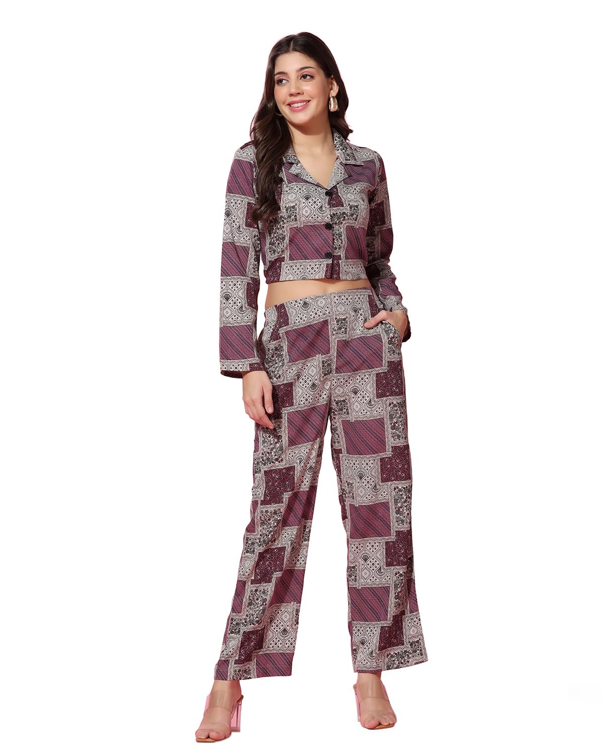 Tagdo Women'S Co-Ords Printed Dress Set (Shirt-Pair-5149-Wine-Xxl)