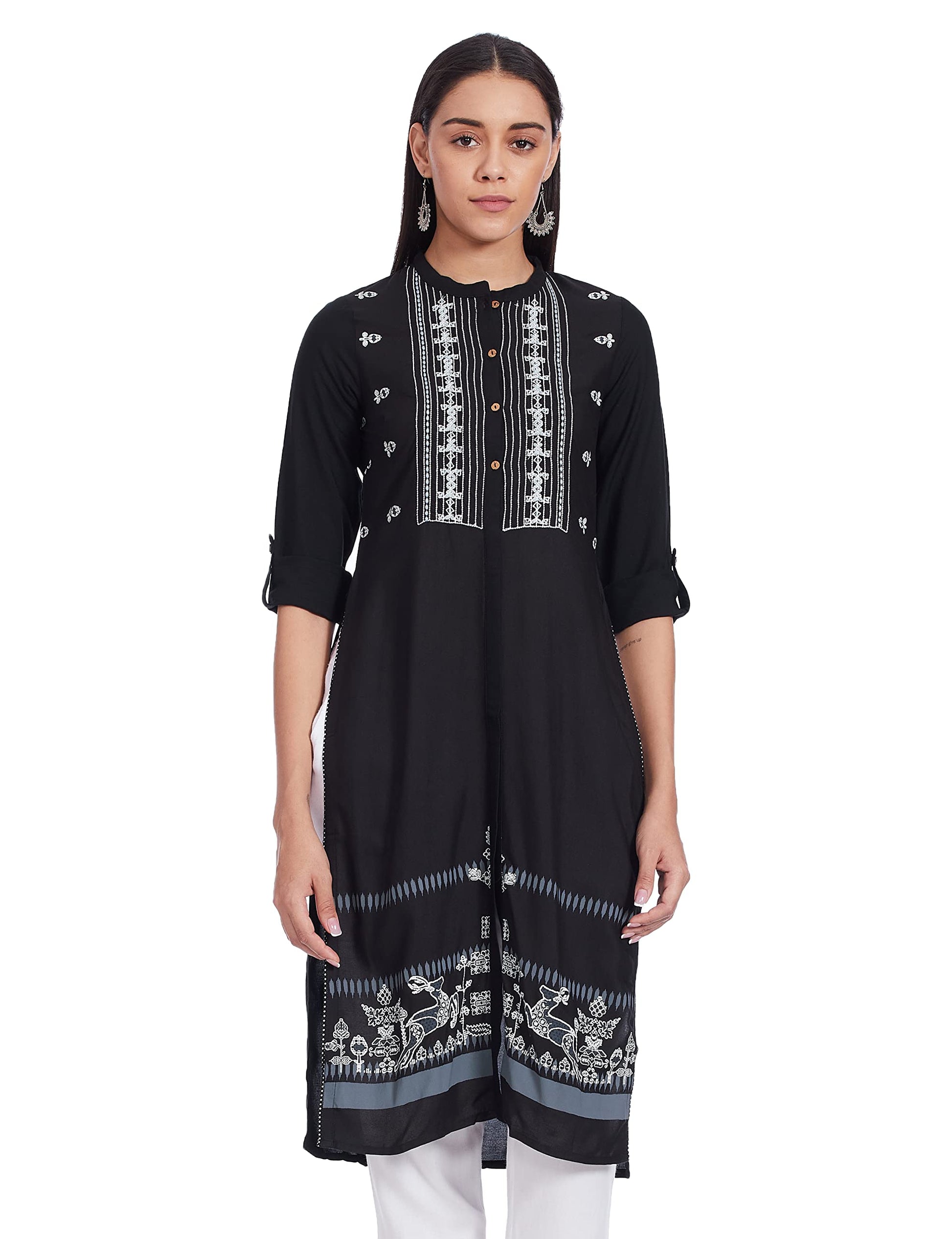 W for Woman Women's Viscose Regular Fit Embroidered and Printed Shirt Kurta
