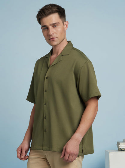 Dennis Lingo Men Polyester Relaxed Fit Textured Shirts Olive