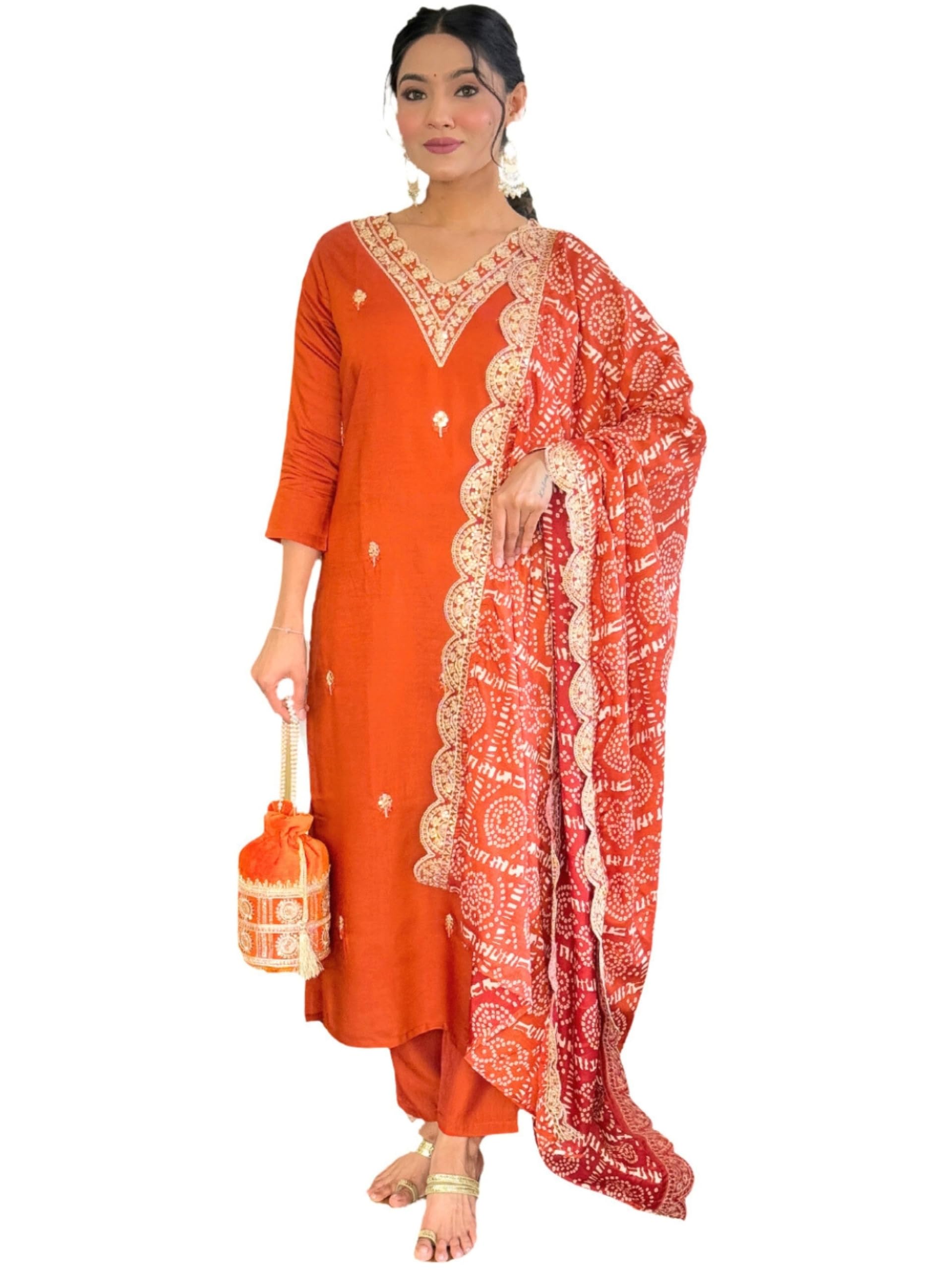 Naixa WomenS Orange Bsy Viscose Embroidered Straight Kurta With Bsy Viscose Pant And Silk Blend Embroidered Laced Dupatta Sets