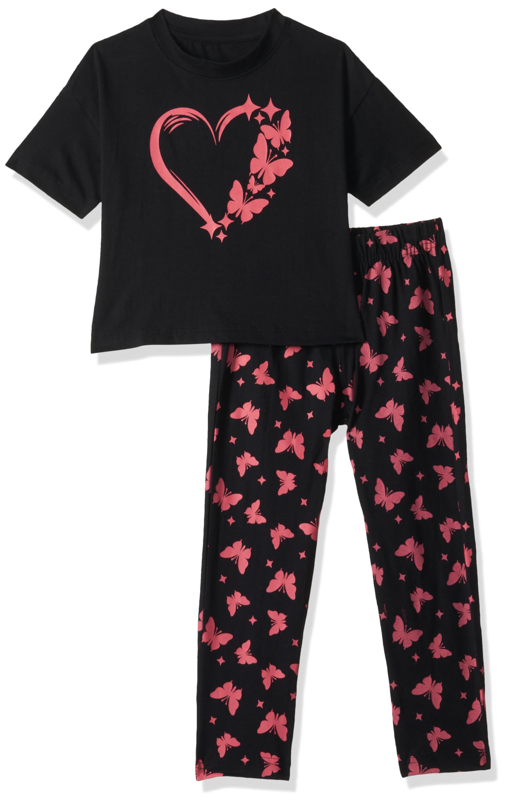 T2F Girls Cotton Printed Oversized Fit Crop Top and Pant Pajama Set Black