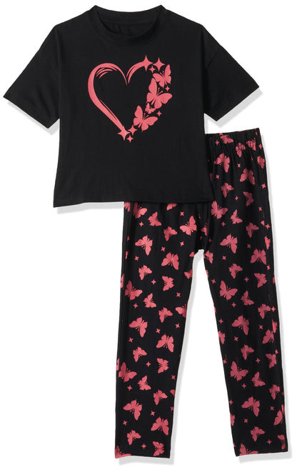 T2F Girls Cotton Printed Oversized Fit Crop Top and Pant Pajama Set Black