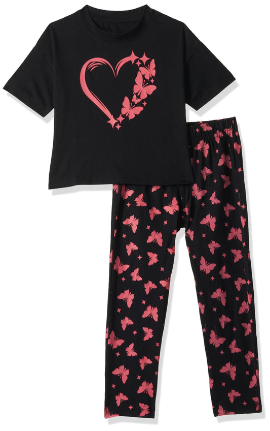 T2F Girls Cotton Printed Oversized Fit Crop Top and Pant Pajama Set Black