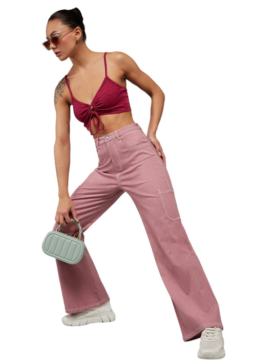 Dolce Crudo Womens Wide Leg High Rise Regular Length Stretchable Denim Pants (DOSS22DEN12-36-234-34, Dusty Pink, 34)