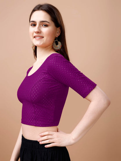 Pujia Mills WomenS Readymade Dobby Cotton Lycra Stretchable Round Neck Half Sleeve Blouse Fancy Wine Color Lycra Stretchable Bl